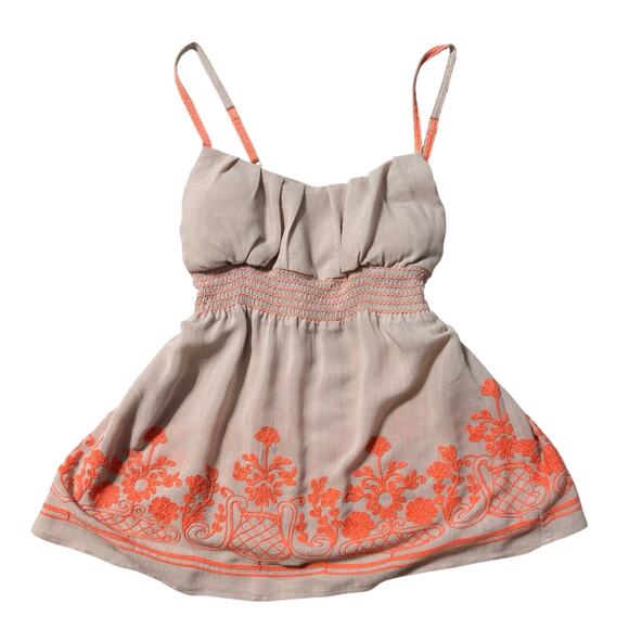 Anthropologie Tops - Anthropologie Boho Taupe Babydoll Top Size XL Smocked Waist Coral Embroidery Y2K